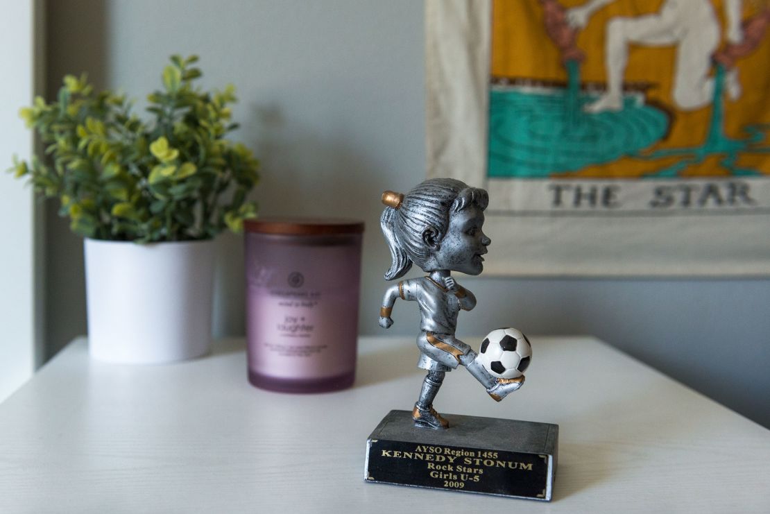 A soccer trophy sits on Kennedy Stonum's nightstand. "That had been her big thing most of her life, playing soccer year-round," her father says.