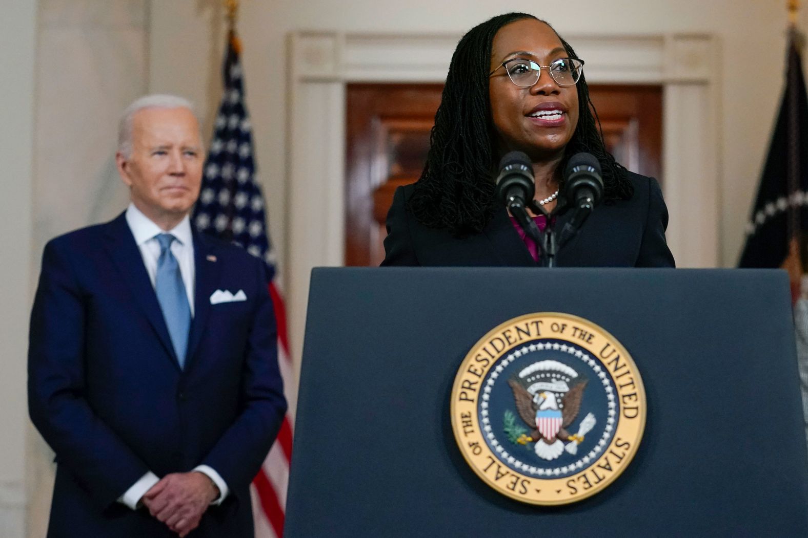 <a href="index.php?page=&url=https%3A%2F%2Fwww.cnn.com%2F2022%2F02%2F25%2Fpolitics%2Fgallery%2Fketanji-brown-jackson%2Findex.html" target="_blank">Ketanji Brown Jackson</a> speaks at the White House on Friday, February 25, after US President Joe Biden <a href="index.php?page=&url=https%3A%2F%2Fwww.cnn.com%2F2022%2F02%2F25%2Fpolitics%2Fsupreme-court-ketanji-brown-jackson%2Findex.html" target="_blank">announced her as his nominee to replace Stephen Breyer</a> on the Supreme Court. Jackson, 51, sits on DC's federal appellate court and had been considered the front-runner for the vacancy since <a href="index.php?page=&url=http%3A%2F%2Fwww.cnn.com%2F2021%2F04%2F13%2Fpolitics%2Fgallery%2Fstephen-breyer%2Findex.html" target="_blank">Breyer announced his retirement.</a> She would be the first Black woman to sit on the nation's highest court.