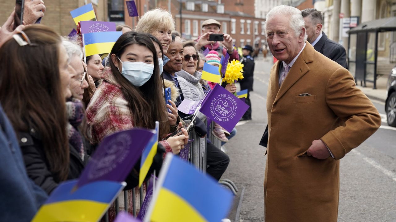 Prince Charles is greeted with Ukrainian flags during a rescheduled visit to Winchester this week. 