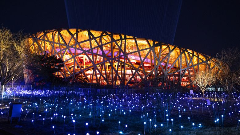 BEIJING, CHINA - MARCH 1:  The light show of the National Stadium in Olympic park during sunset on March 1, 2022 in Beijing, China. (Photo by Wang He/Getty Images for International Paralympic Committee)