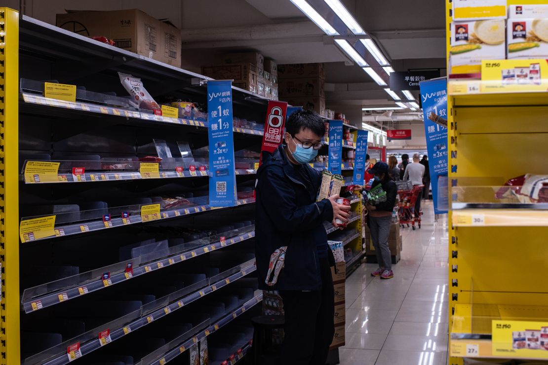 Empty shelves at a grocery store in Hong Kong on March 1, 2022.