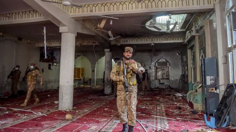 Soldiers inspect a mosque after the explosion.