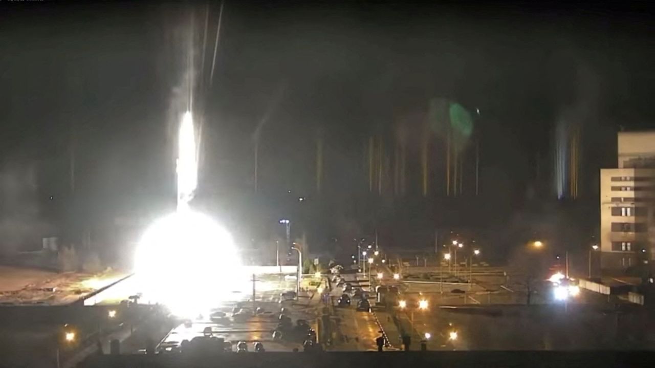 Surveillance camera footage shows a flare landing at the Zaporizhzhia nuclear power plant in Enerhodar, Ukraine, during shelling on March 4. Ukrainian authorities said <a target=