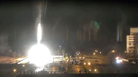 Surveillance camera footage shows a flare landing at the Zaporizhzhia nuclear power plant in Enerhodar, Ukraine, during shelling on March 4. Ukrainian authorities said Russian forces have 