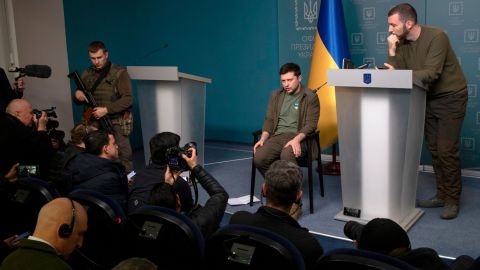 Ukrainian President Volodymyr Zelensky  speaks at a press conference for selected media at his official residence the Maryinsky Palace on March 3 in Kyiv, Ukraine. 