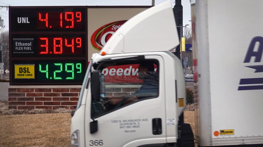 Fuel prices are displayed on a sign at a gas station on March 03, 2022 in Hampshire, Illinois.
