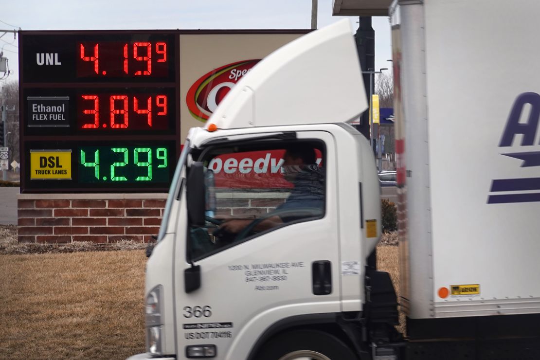 Fuel prices are displayed on a sign at a gas station on Thursday in Hampshire, Illinois. 