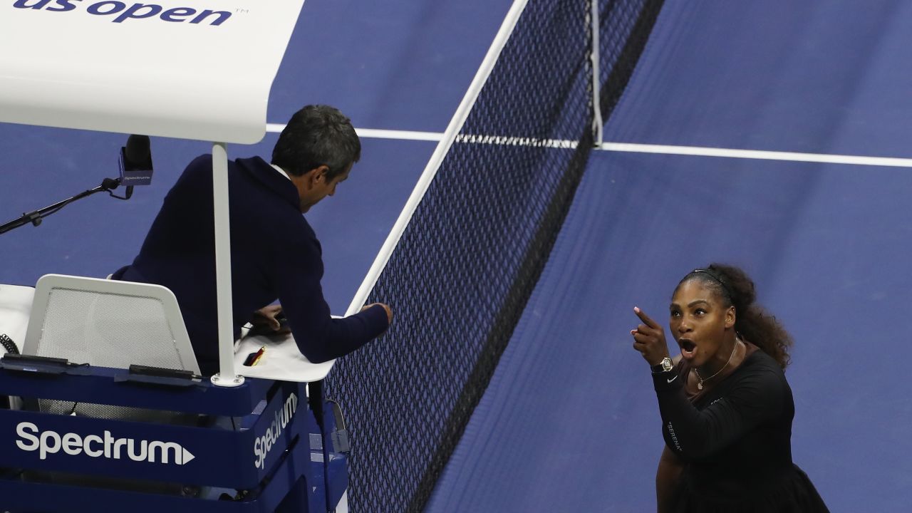 Williams argues with umpire Carlos Ramos during her US Open final match against Osaka in 2018.