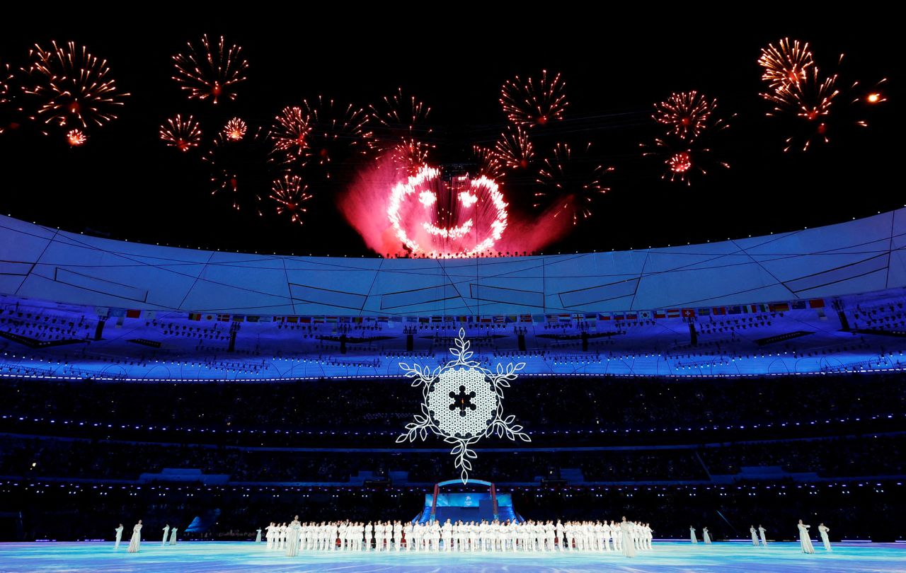 Fireworks burst over the Beijing National Stadium during the opening ceremony.