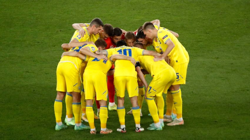 Ukraine's players gather in a huddle during the UEFA EURO 2020 quarter-final football match between Ukraine and England at the Olympic Stadium in Rome on July 3, 2021. (Photo by ALESSANDRO GAROFALO / POOL / AFP) (Photo by ALESSANDRO GAROFALO/POOL/AFP via Getty Images)
