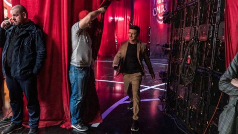 Volodymyr Zelenskiy walks backstage during the filming of his comedy show 'Liga Smeha' (League of Laughter) in 2019.