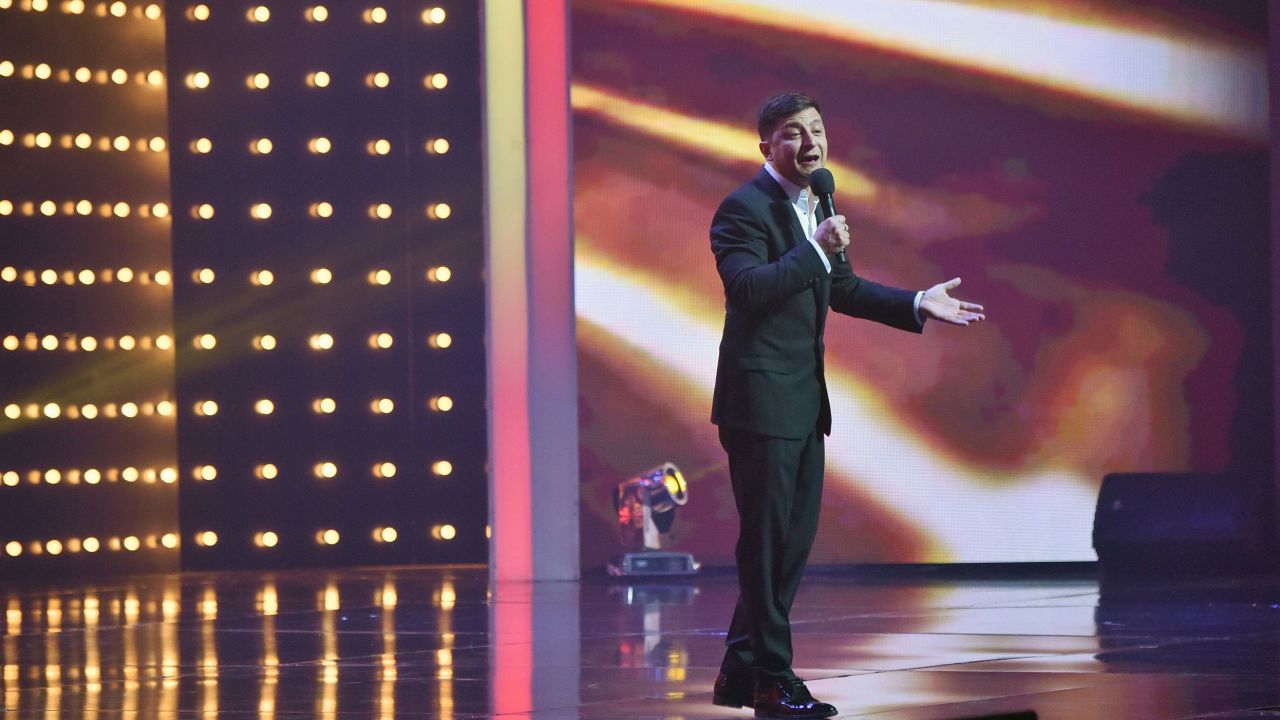 Volodymyr Zelensky performs with his "95th block" comedy group in Kiev in 2019.
