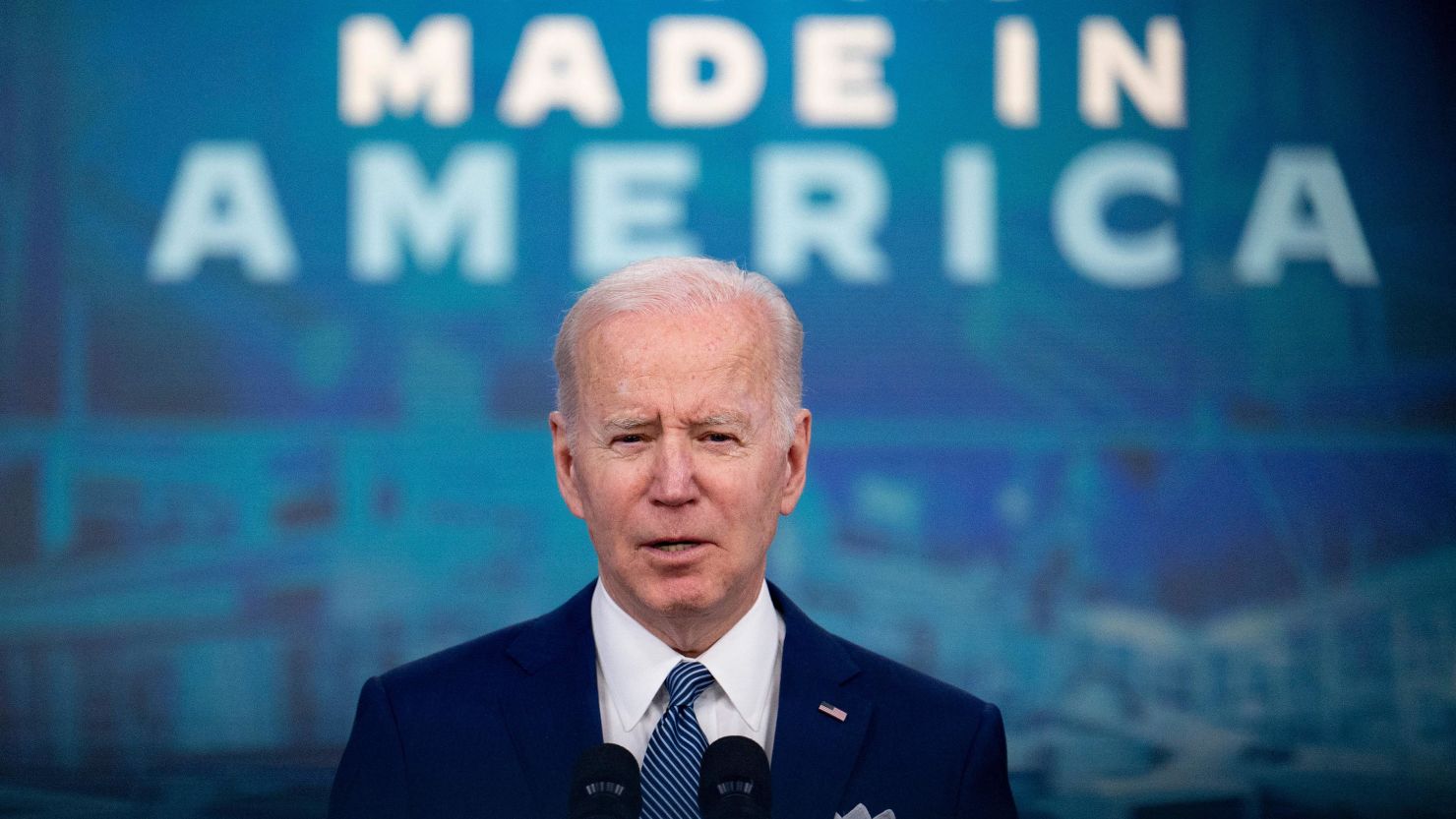 US President Joe Biden speaks about his Made in America commitments, from the South Court Auditorium of the White House in Washington, DC, on March 4, 2022. 