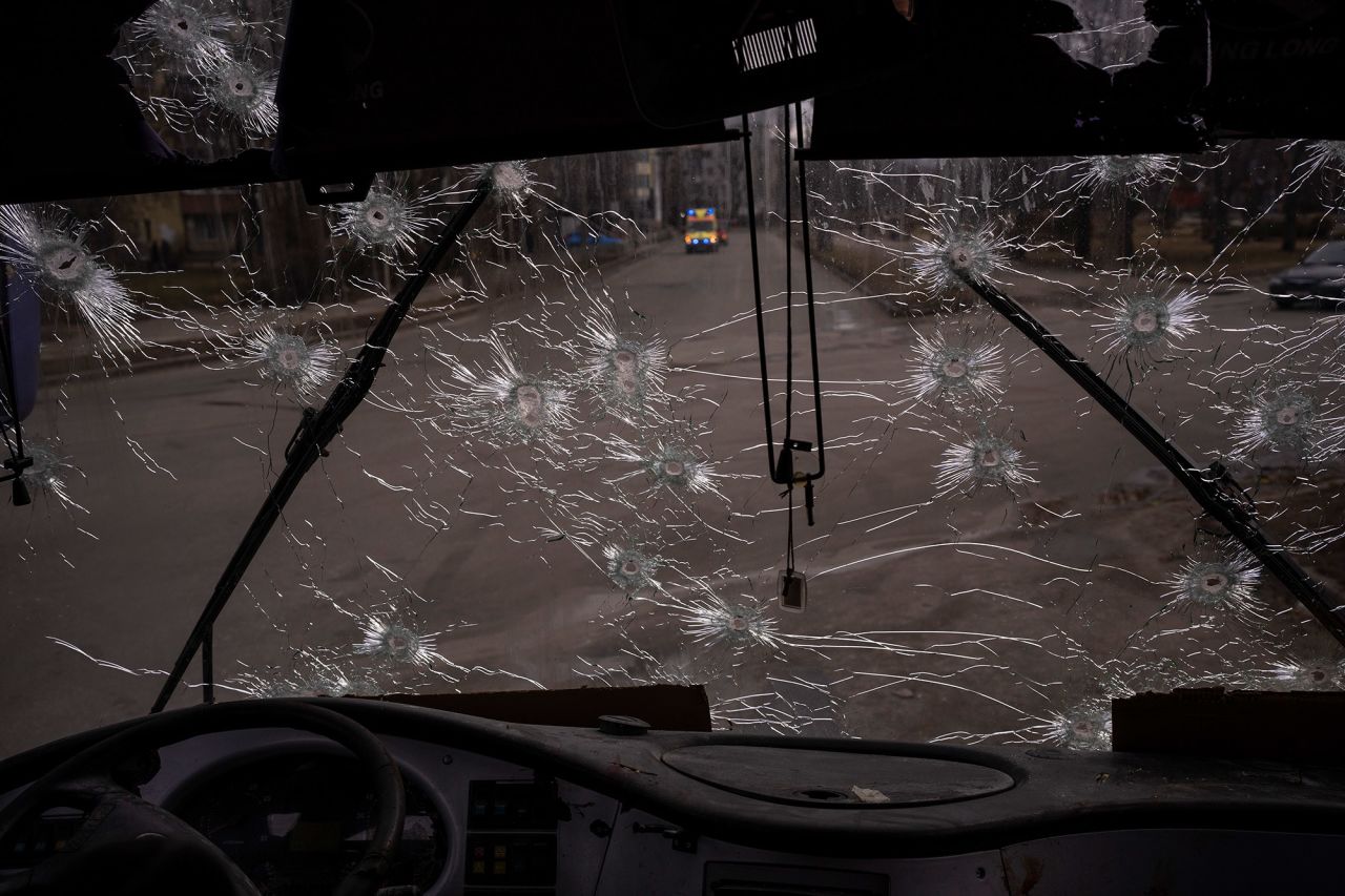 A bullet-ridden bus is seen after an ambush in Kyiv on March 4.