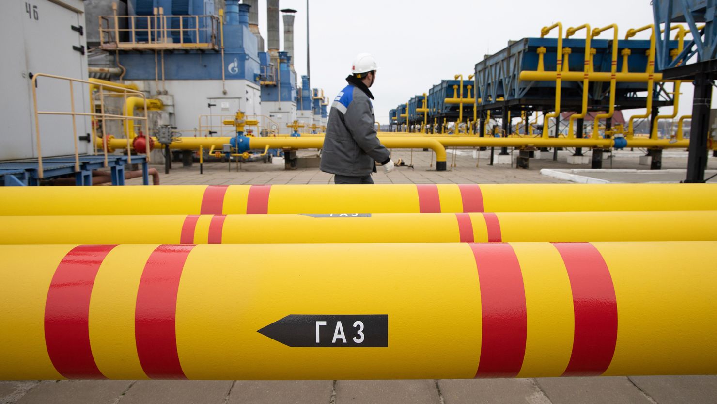 Pipes carrying gas at the Kasimovskoye underground gas storage facility operated by Gazprom, in Kasimov, Russia, on November 17, 2021.