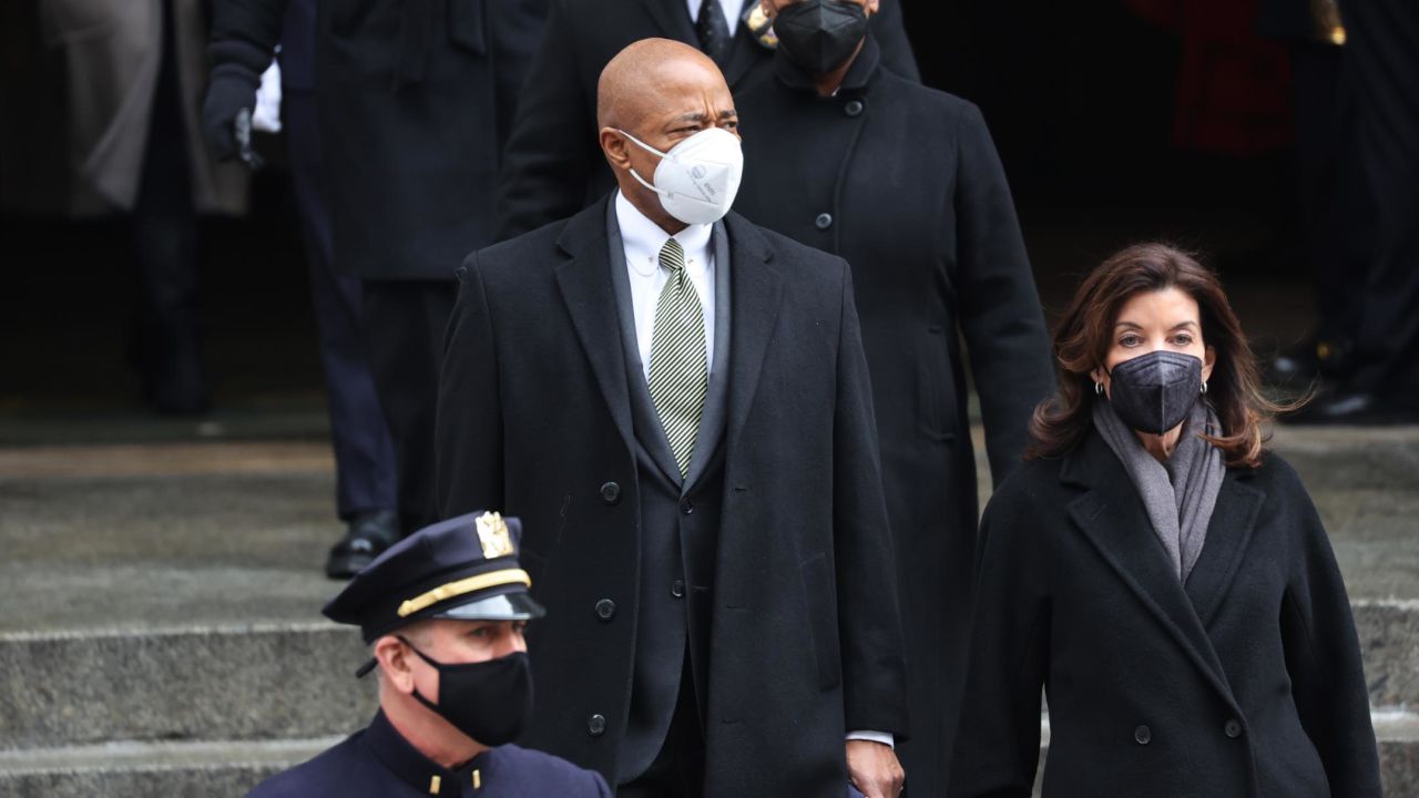 New York City Mayor Eric Adams and New York Governor Kathy Hochul leave the funeral for fallen NYPD officer Wilbert Mora at St. Patrick's Cathedral on February 02, 2022 in New York City. 