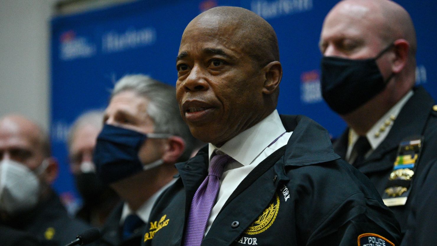 New York City Mayor Eric Adams speaks to members of the media at Harlem Hospital on January 21, 2022. 