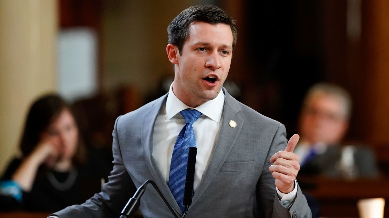 Sen. Adam Morfeld speaks at the Legislature in Lincoln, Nebraska.