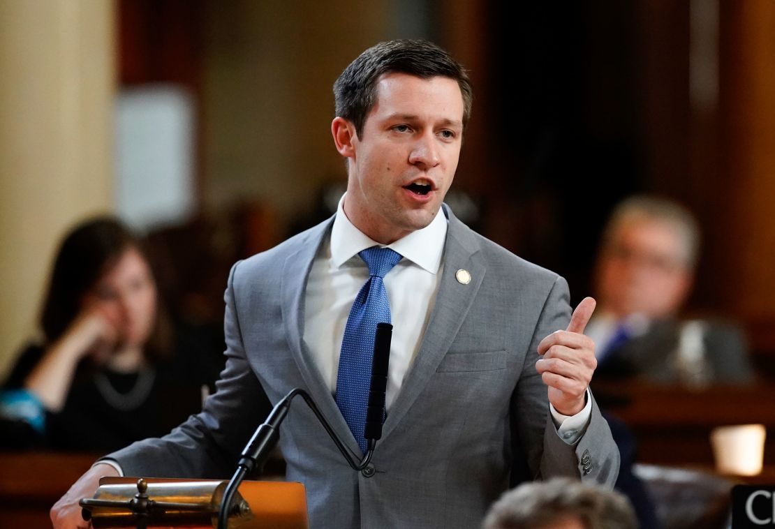 Sen. Adam Morfeld speaks at the Legislature in Lincoln, Nebraska.