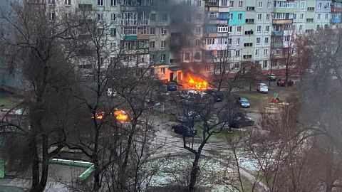 Fire is seen after an attack at a residential area in Mariupol on March 3, 2022.