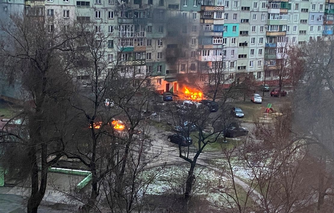 Fire is seen after an attack at a residential area in Mariupol on March 3, 2022.
