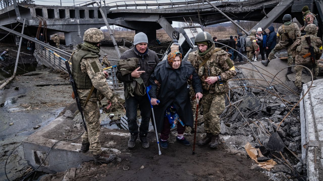 Residents are evacuated from Irpin, on the outskirts of Kyiv, Ukraine, Saturday, March 5, 2022. 