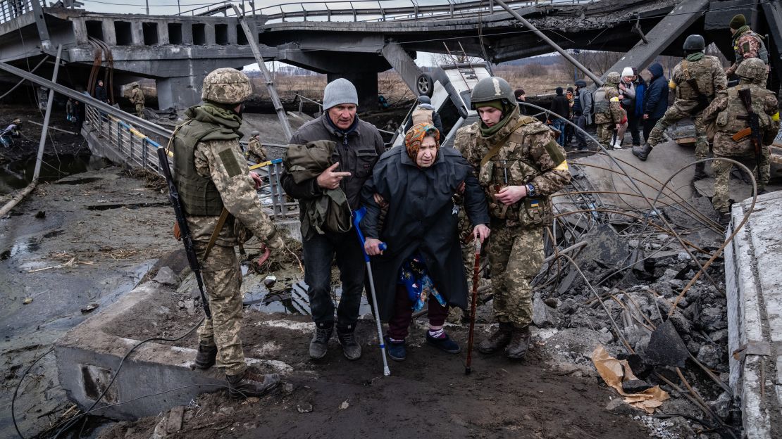 Residents are evacuated from Irpin, on the outskirts of Kyiv, Ukraine, Saturday, March 5, 2022.