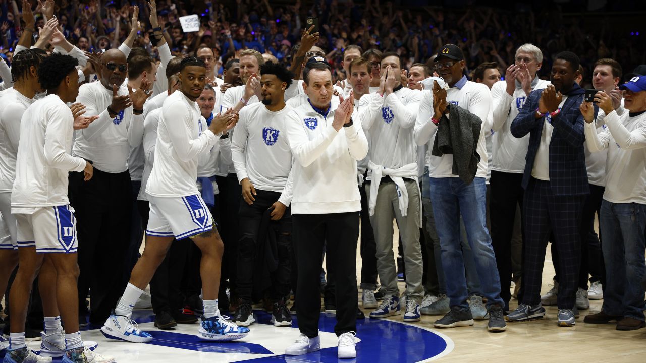Head coach Mike Krzyzewski of the Duke Blue Devils looks on as he is recognized prior to a game against the North Carolina Tar Heels at Cameron Indoor Stadium.