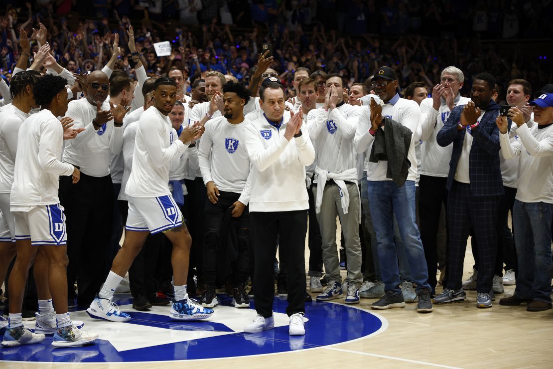 Head coach Mike Krzyzewski of the Duke Blue Devils looks on as he is recognized prior to a game against the North Carolina Tar Heels at Cameron Indoor Stadium.
