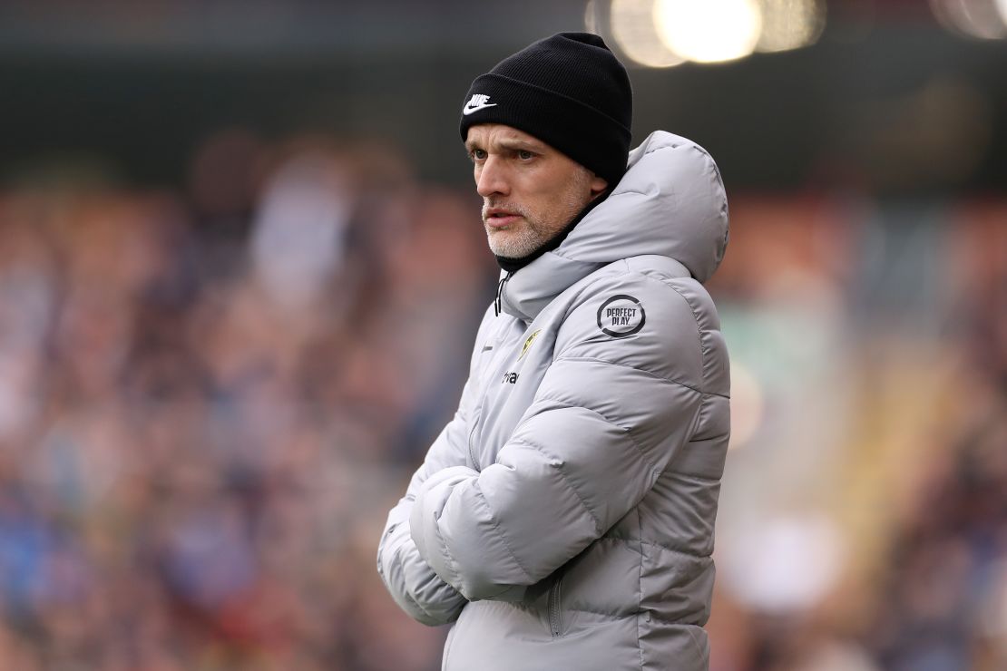 Tuchel looks on during Chelsea's comfortable victory against Burnley.