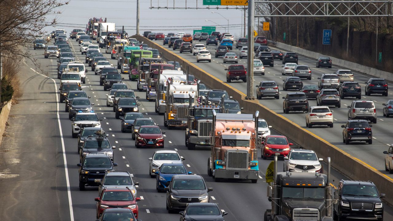 "The Peoples' Convoy" makes its way on the Capitol Beltway on Sunday in Silver Spring, Maryland.