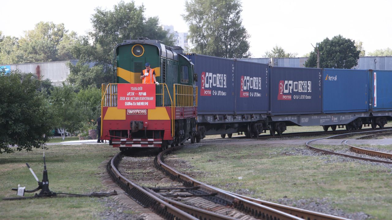 A container train from Wuhan, China enters a railway station in Kiev, Ukraine in July, 2020.