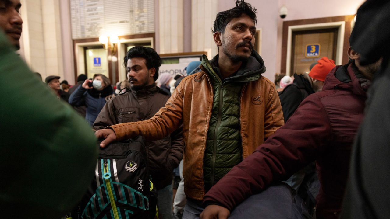 Indian students wait to board a train from Lviv, Ukraine to Poland, March 3.