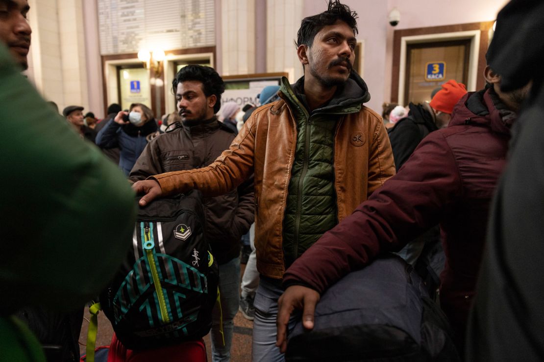 Indian students wait to board a train from Lviv, Ukraine to Poland, March 3.