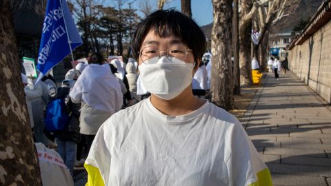Kim Ju-hee, a nurse, at the protest in central Seoul on February 27.