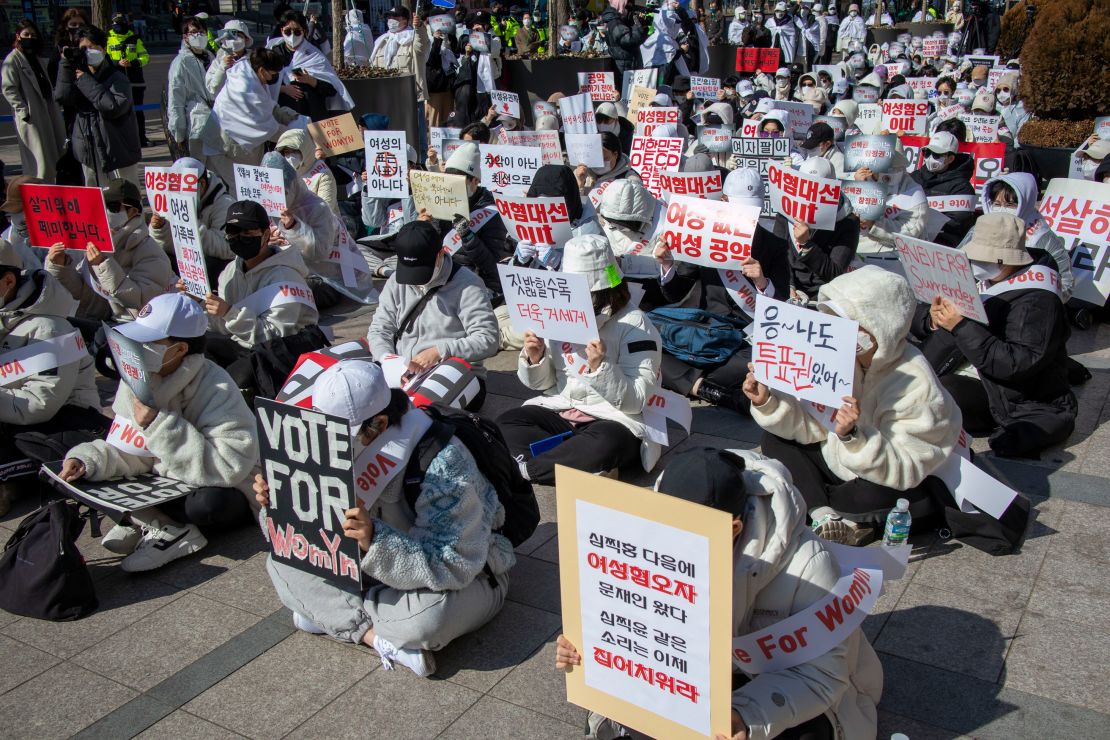 Feminist protesters at a demonstration in Seoul on February 27.