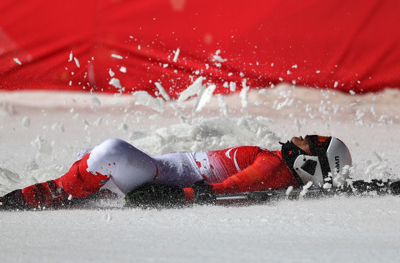 Chinese skier Yan Gong reacts after finishing a super-G race on March 7.