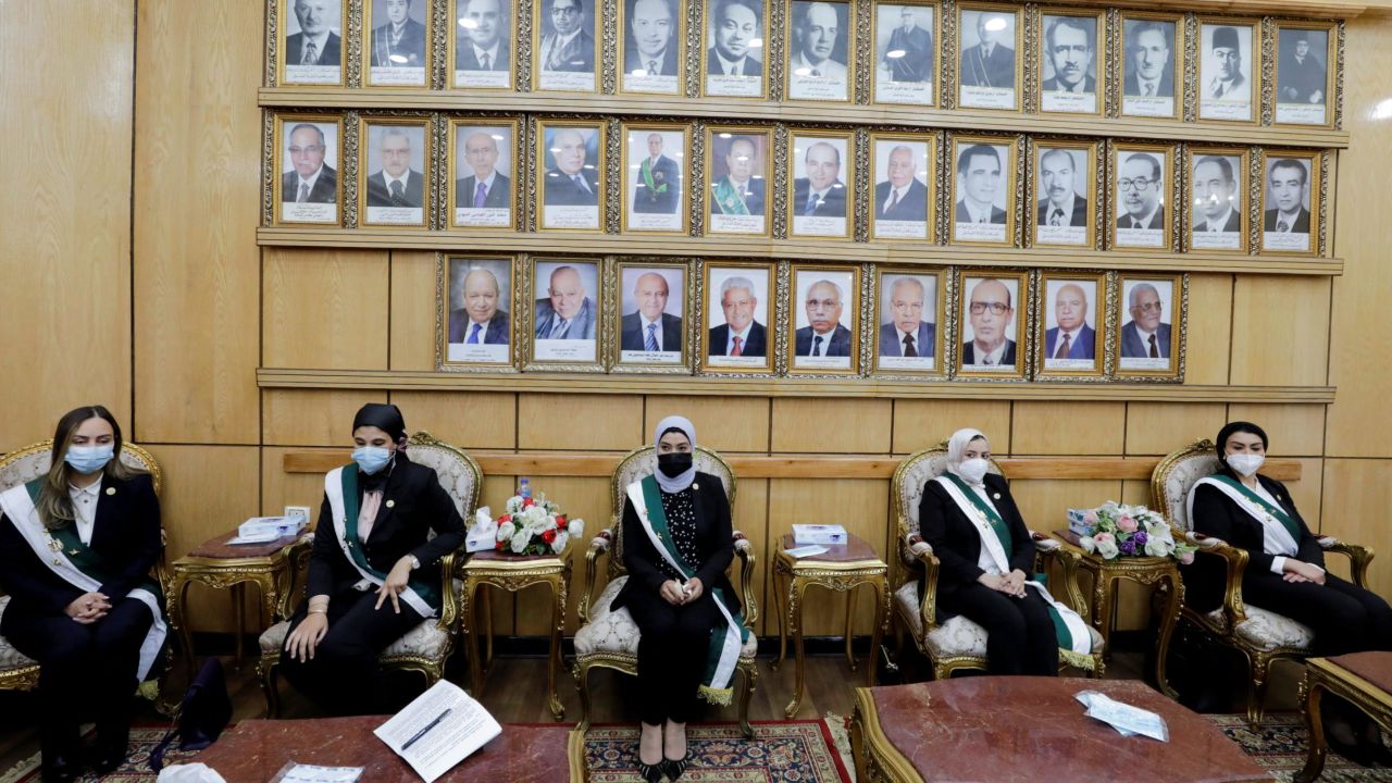 Egyptian female judges sit at the State Council in Cairo, Egypt, on March 6.