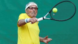 The world's oldest tennis player Ukrainian Leonid Stanislavskyi, 97, practices on court in Kharkiv, Ukraine July 7, 2021. Picture taken July 7, 2021.  REUTERS/Vyacheslav Madiyevskyy