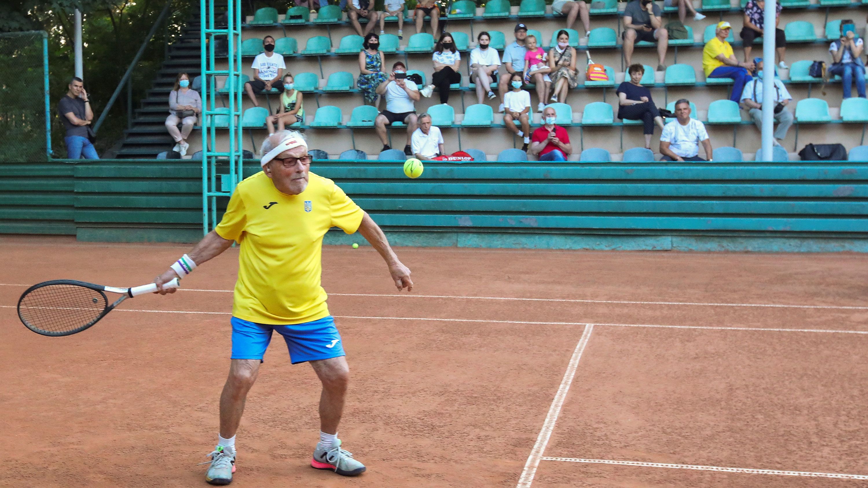 The world's oldest tennis player Ukrainian Leonid Stanislavskyi, 97, practices on court in Kharkiv, Ukraine July 7, 2021.