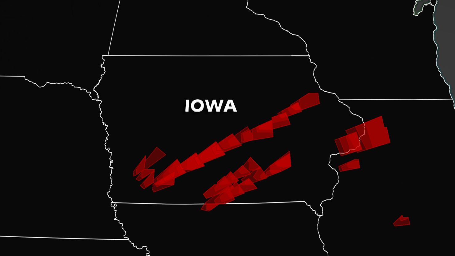 This image shows tornado warnings (in red) issued across Iowa and the surrounding states on Saturday, March 5, 2022.