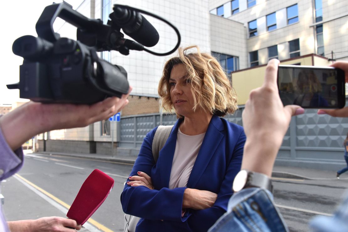 TV Rain's general director and co-founder Natalia Sindeeva is pictured by the offices of the Russian Investigative Committee on September 2019. 