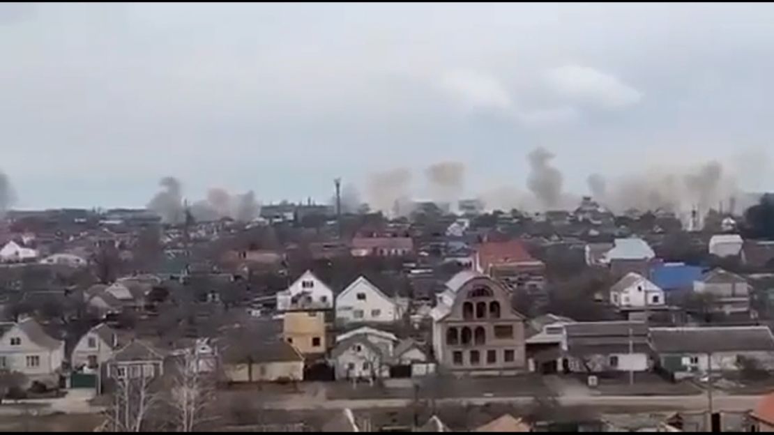 Explosions are seen in the southern city of Mykolaiv on Monday.