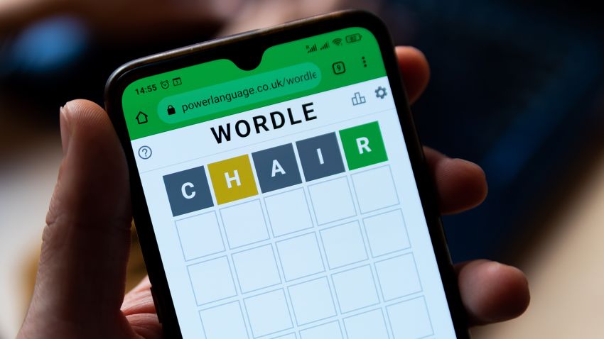 A man plays with the word game Wordle seen in a close up on a mobile phone screen on the official app website in Barcelona, Spain, on February 9.