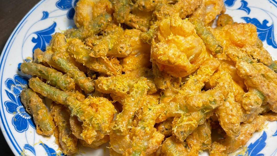 A plate of salted egg yolk prawns, a dish Wendy has been working to perfect. 