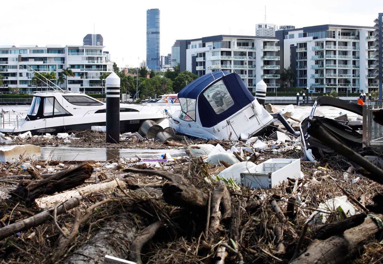 Wreckage is seen at a ferry terminal on Brisbane River in Hawthorne, Australia, on March 1.