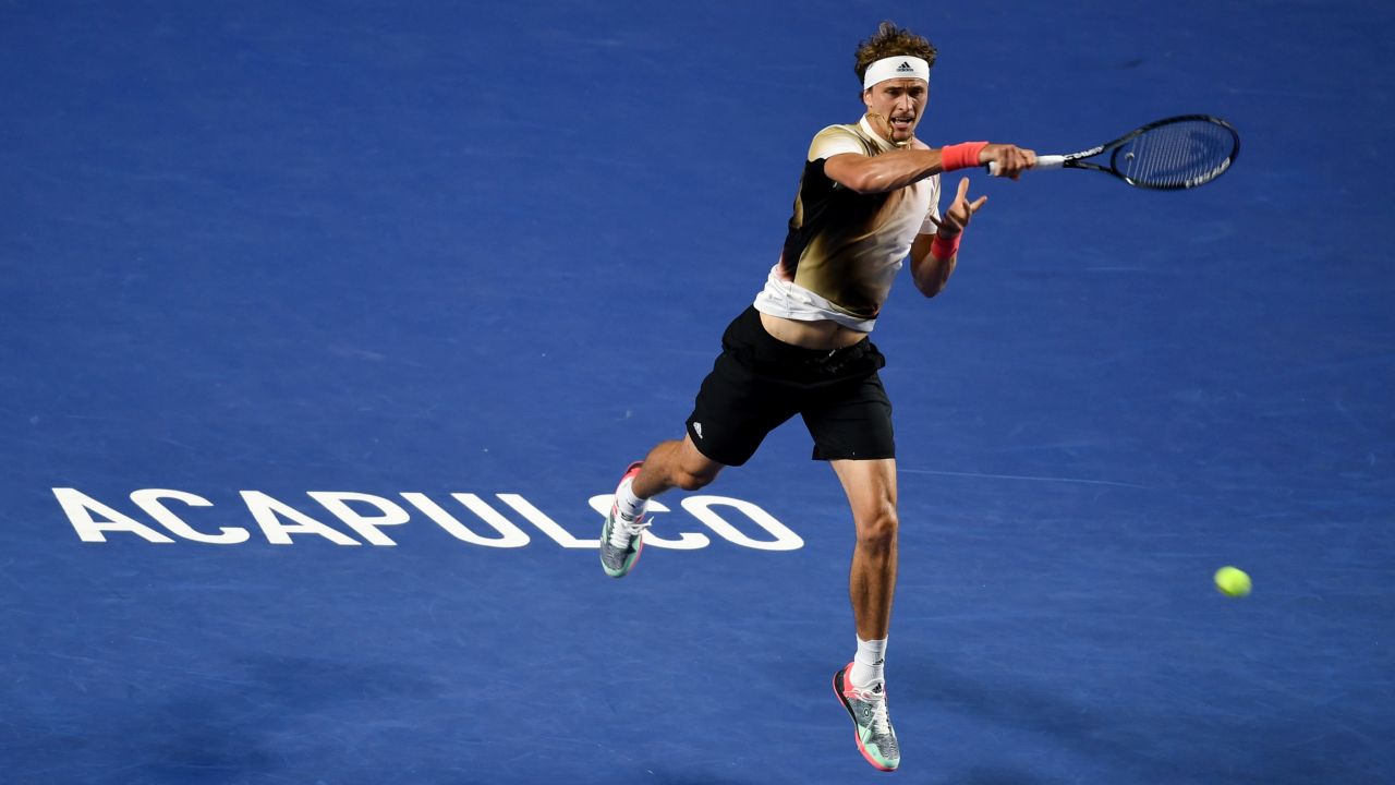 Alexander Zverev hits a return during men's singles first round match against Jenson Brooksby of the United States at the 2022 ATP Mexican Open tennis tournament in Acapulco, Mexico, Feb. 22, 2022. 