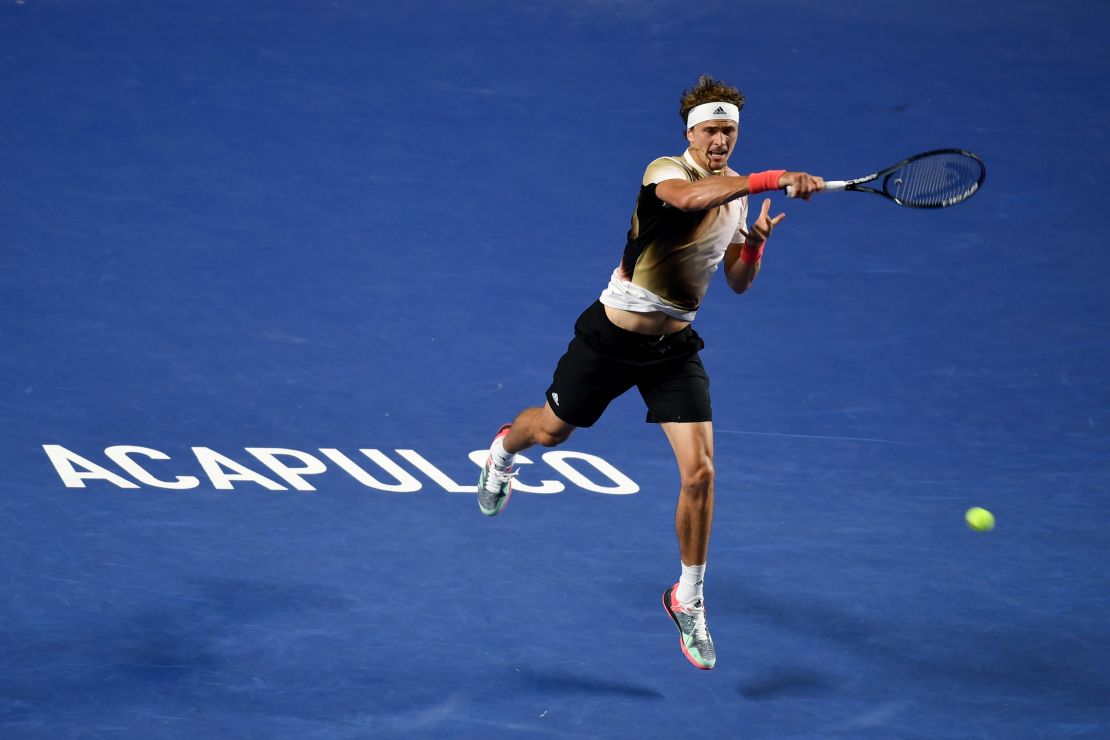 Alexander Zverev hits a return during men's singles first round match against Jenson Brooksby of the United States at the 2022 ATP Mexican Open tennis tournament in Acapulco, Mexico, Feb. 22, 2022. 