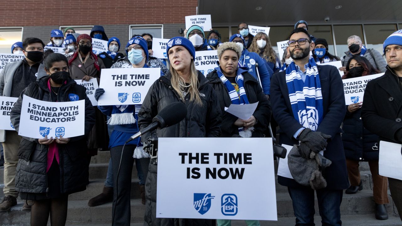 Greta Callahan, president of the teacher chapter of the Minneapolis Federation of Teachers, talks to reporters Monday in Minneapolis.
