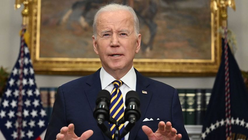 US President Joe Biden announces a ban on US imports of Russian oil and gas, March 8, 2022, from the Roosevelt Room of the White House in Washington, DC. The announcement tightens unprecedented economic sanctions punishing Moscow over its invasion of Ukraine. The ban is partly a response to strong bipartisan pressure from Congress, despite the impact the announcement is likely to have on already soaring domestic gas prices.